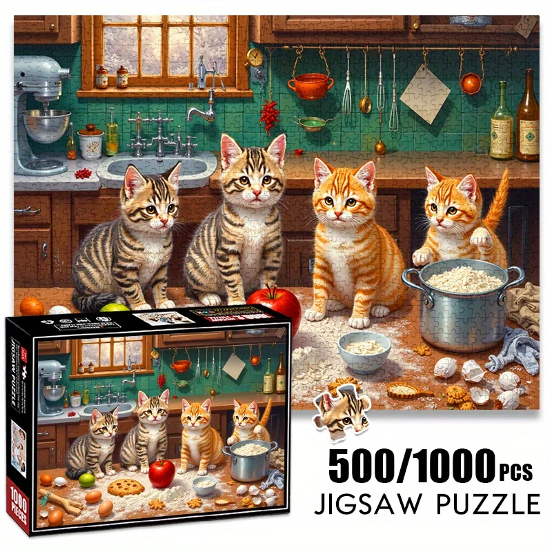500/1000 قطعة من ألغاز الورق أربعة قطط لطيفة في المطبخ، مكونات متناثرة، ألعاب ألغاز كبيرة لطيفة للغاية للكبار Ga