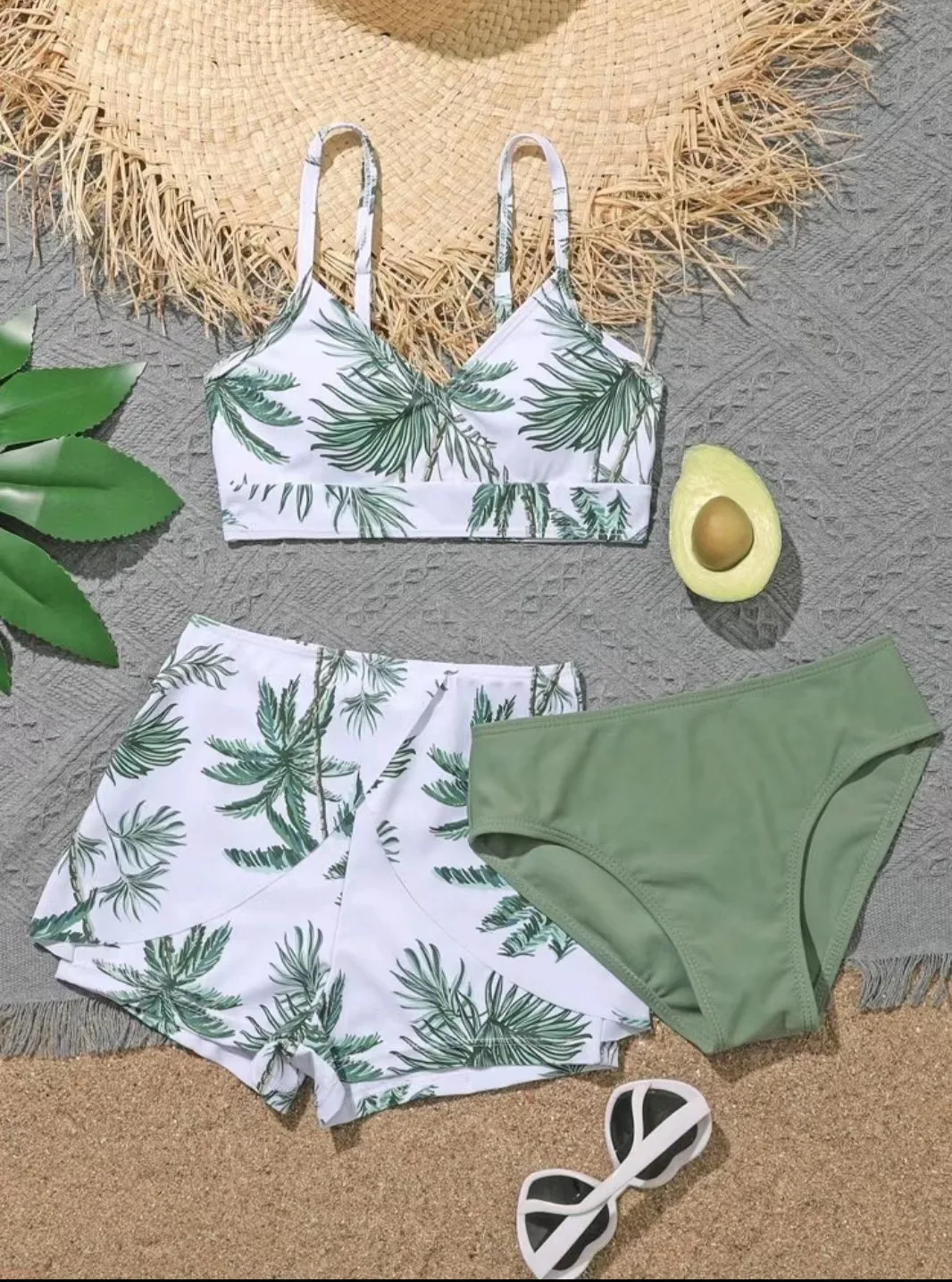 Bikini de palmera para niñas, traje de baño y pantalones cortos de cintura alta, falda de playa, 3 piezas, 2023