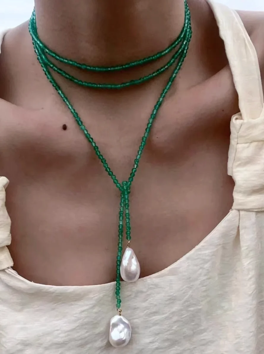 초장형 빈티지 그린 바보 유리 구슬 록 글라스 진주 목걸이