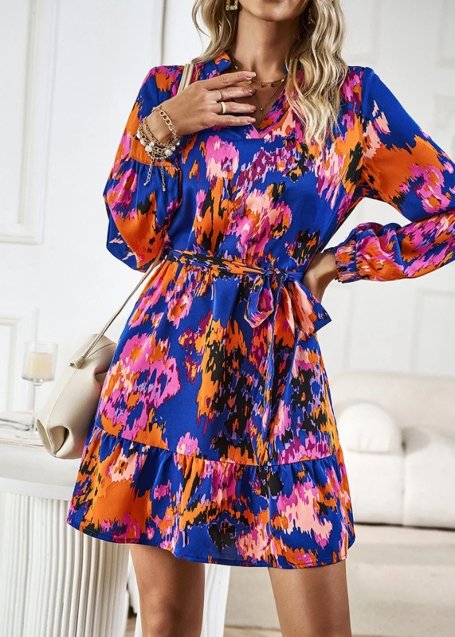 

Women's Spring and Autumn Season Dress with Lace Up V-Neck Lantern Sleeves Elegant Temperament Printed Long Sleeved Shirt Dress