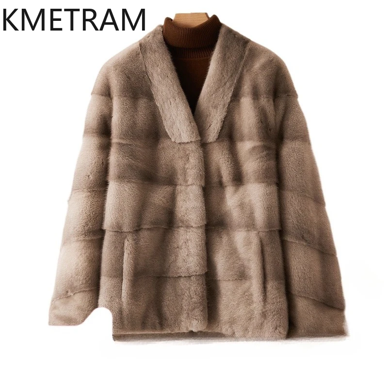 KMETRAM 100% vêtements de fourrure de vison pour femme col en v manteau de fourrure véritable vêtements d'hiver courts 2025 nouveau dans les vêtements d'extérieur manteaux hiver femme