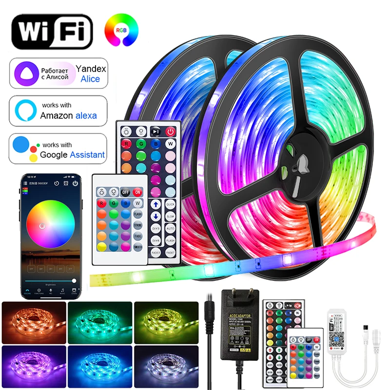 Pita lampu Led, lampu Strip Led Wifi Rgb Alexa kontrol pintar 12V Rgb pita Led 5050 Rgb untuk dekorasi kamar lampu Led Rgb