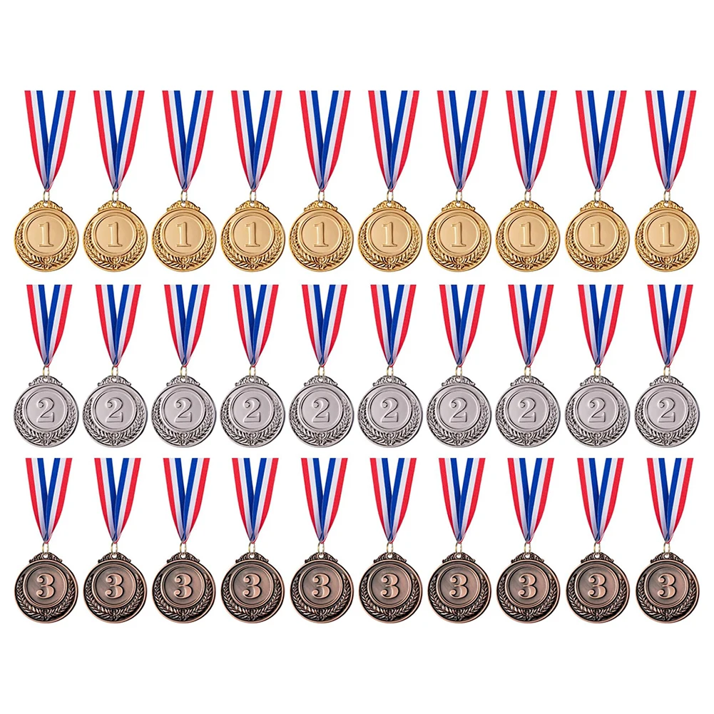 30pcs 2inch Gold Silver Bronze Award Medal with Neck Ribbon Gold Silver Bronze Prize Metal Medal for Kids  Sports Meeting