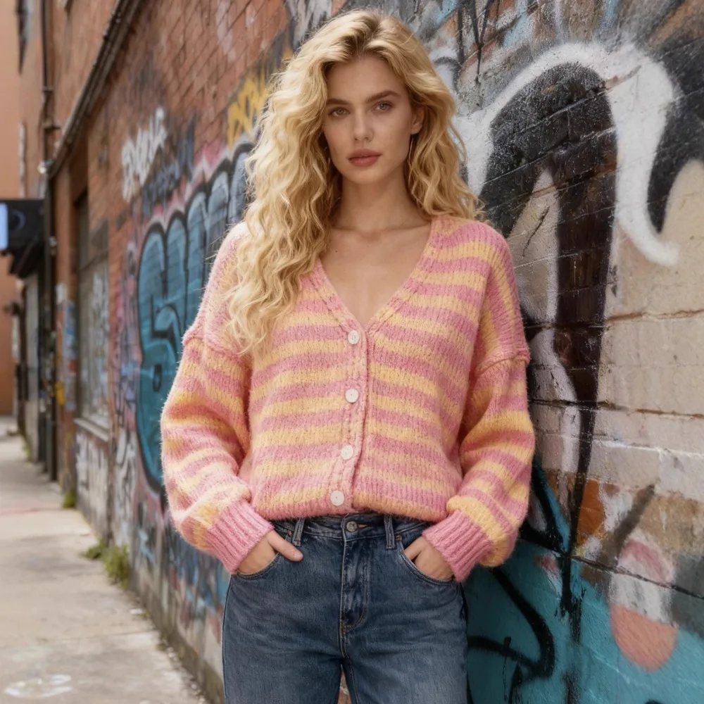Women's V Neck Color Block Stripe Knit Cardigan Button Front Drop Shoulder Loose Lazy Style Long Sleeve Fashion Casual Sweater
