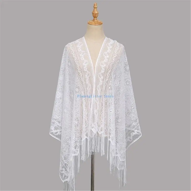 

652B Fashionable Tassels Lace Scarf Cashew Pattern Shawl For Casual Formal Occasion