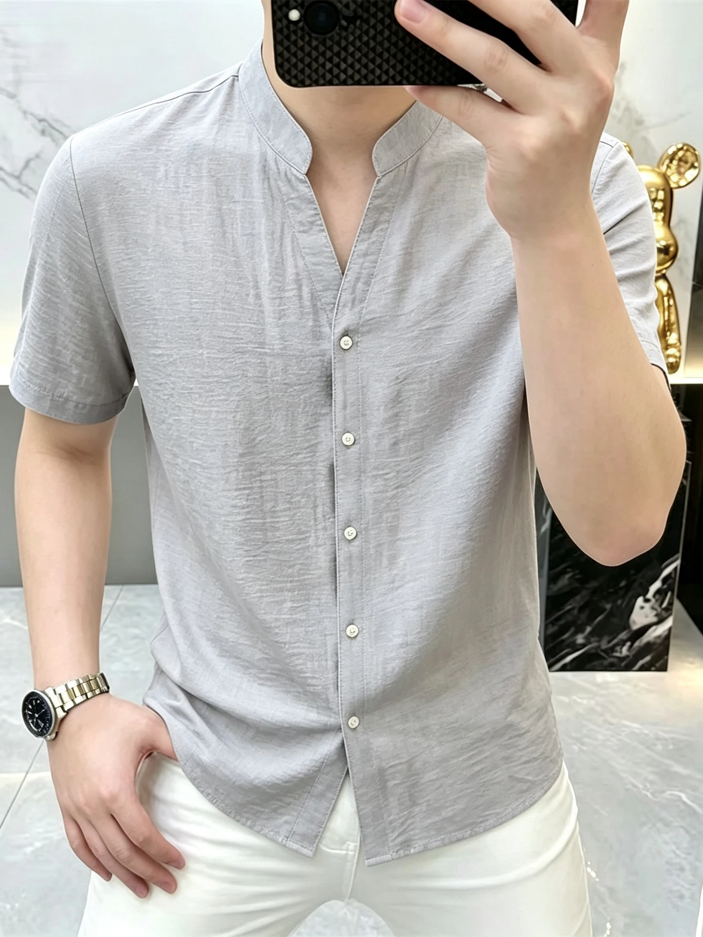 Lightweight Linen Short Sleeve Shirt Men's Style Summer Thin V-Neck Half Sleeve Casual Shirt Standard Fit Daily Wear Shirt
