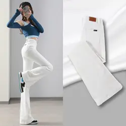 Women Fashion Beautiful Slimming Fit Flared Denim Jeans Spring Autumn Winter Velvet Hot Lining Thicken Warm Flare Pants White S