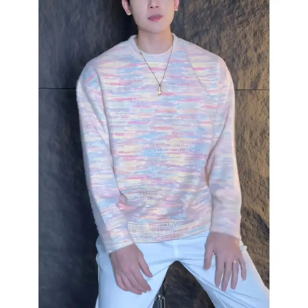 

Осенняя новинка: Американский вязаный свитер-худи «Радуга» для мужчин, повседневный, свободного кроя, с воротником-стойкой, из искусственной кожи...