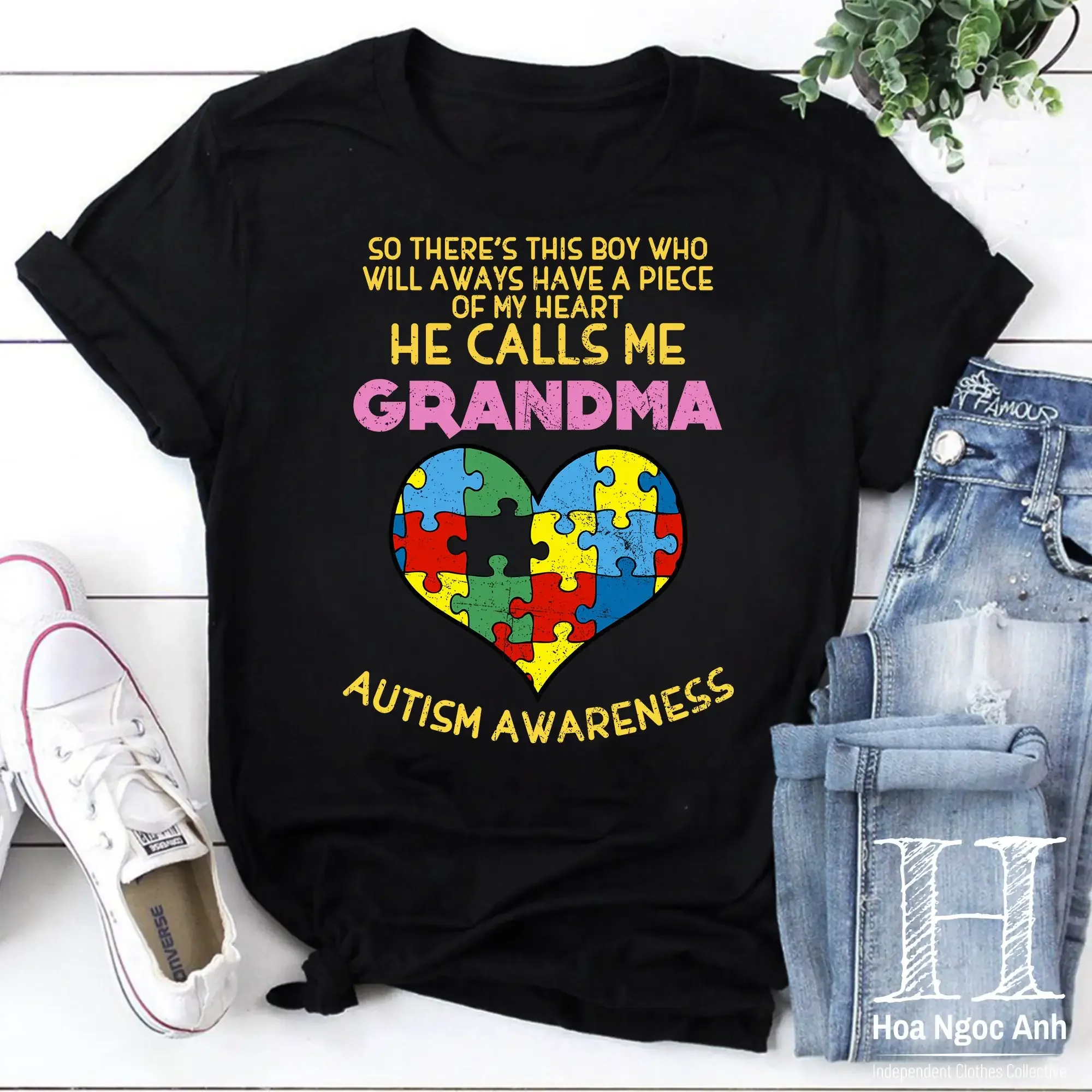 My Heart He Calls Me Grandma Autism Vinatge T Shirt Mom For Awareness