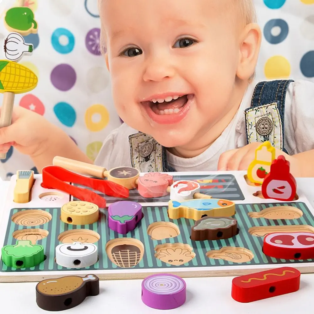 Multicolorido montessori brinquedos de madeira churrasco simulação churrasco brinquedos dos desenhos animados frutas jogando casa brinquedos educativos para crianças