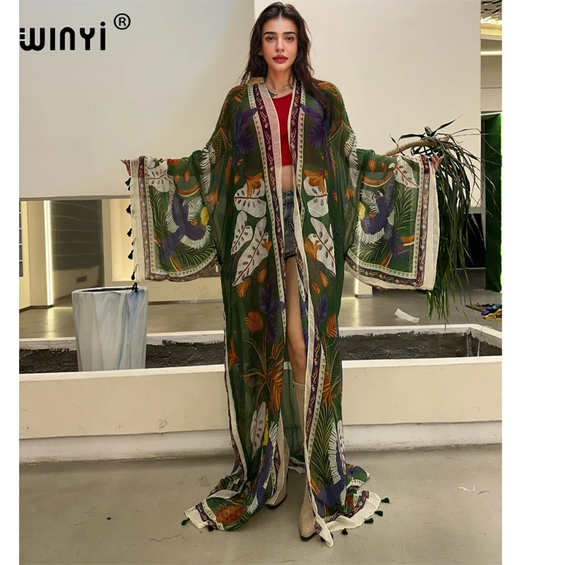 WINYI nuevo kimono estampado mujer abrigo suelto borlas vestido largo Boho playa vacaciones natación cubrir vestidos de fiesta de lujo dubai abaya