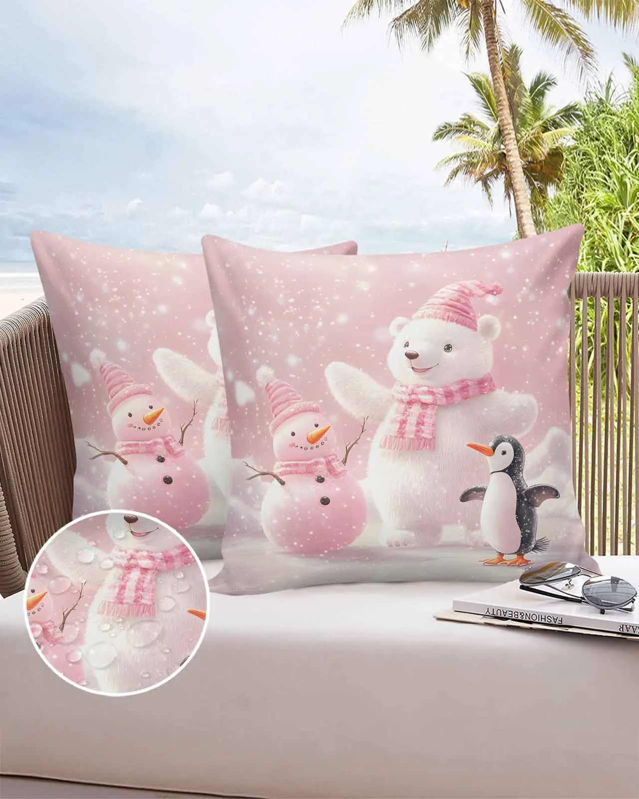 2/4PCS Christmas Pink White Bear Penguin Outdoor Garden Chair Waterproof Cover Cushion Home Decor Pillow Case