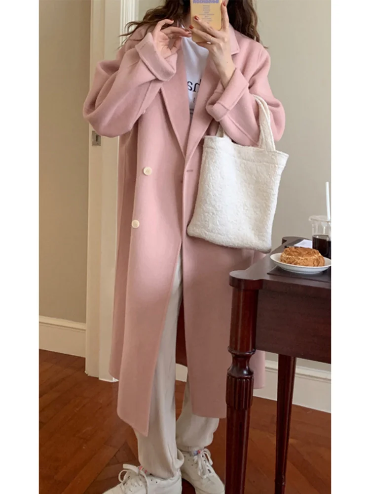 

blogger's recommended romantic pink double-sided wool coat for women's mid length winter style woolen coat