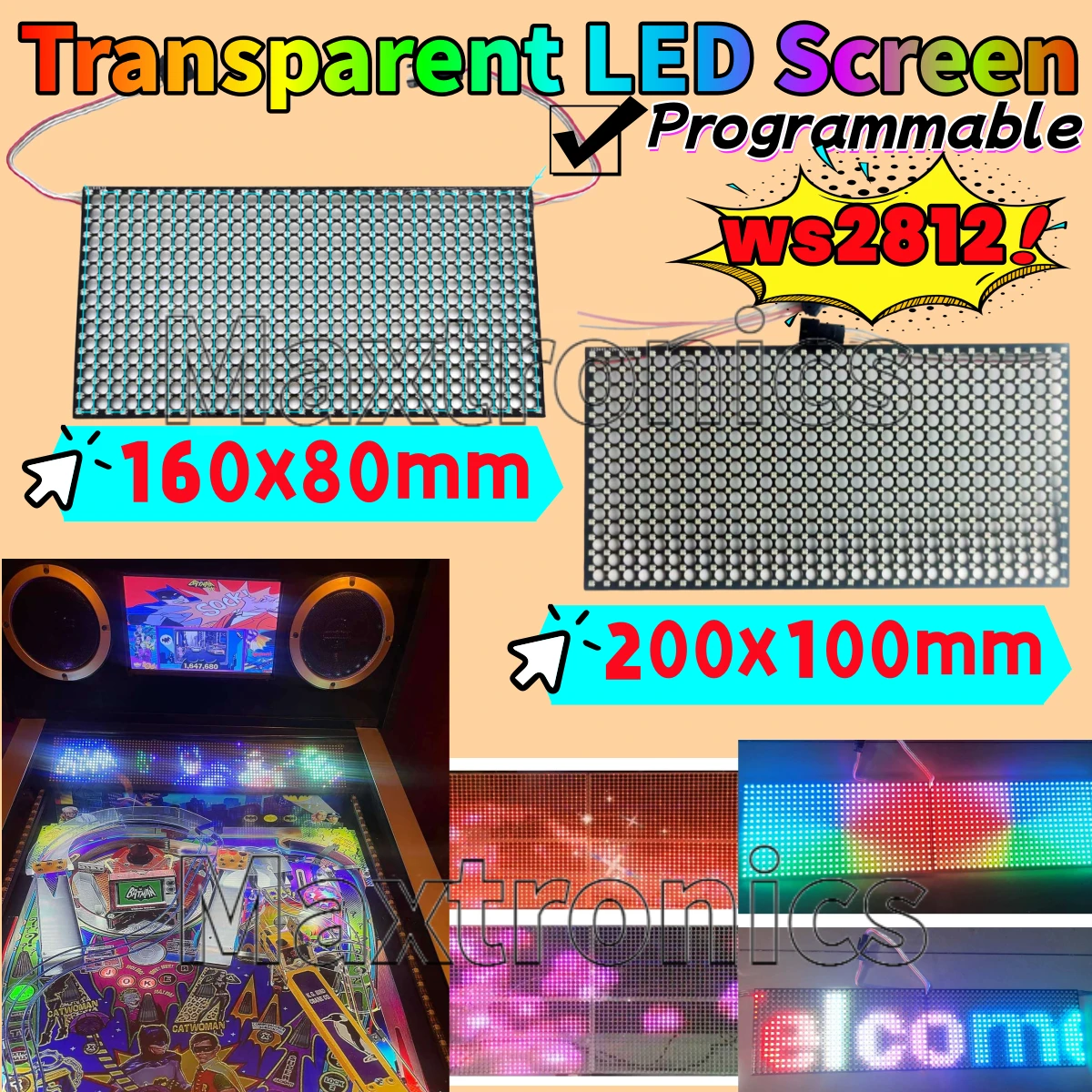Écran LED Transparent DC5V, 2 tailles, Modules LED polychromes WS2812, 160x80mm/200x100mm, Programmable, 16x32 points, protocole SPI matricielle