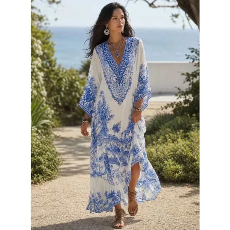 Vestido Kaftán Boho para Mujer, Estampado Azul, Cuello en V, Manga Ancha, Vestido Largo Holgado, Fluido, para Vacaciones, Fiestas, Playa, Traje de Baño