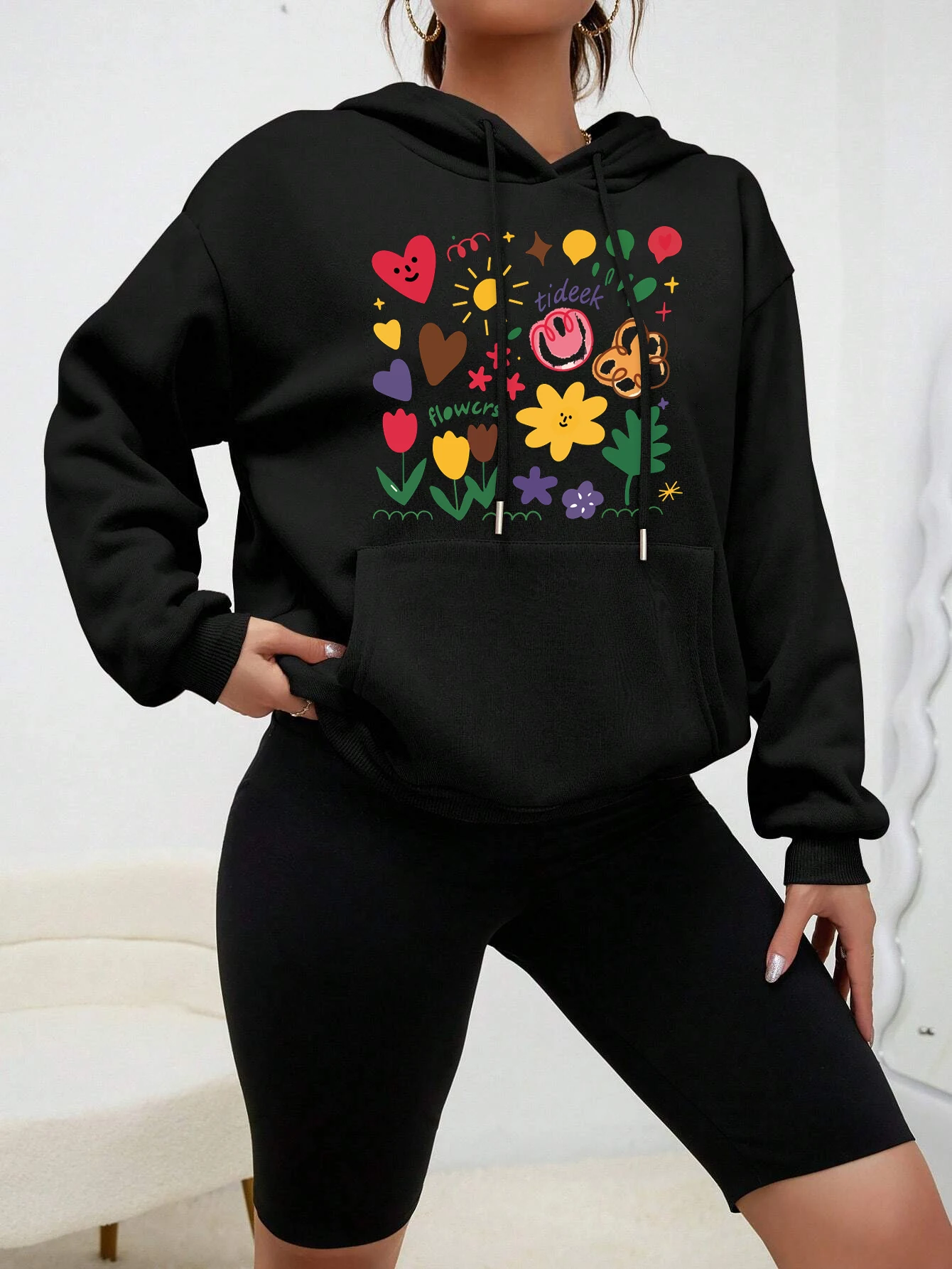 Children\'S Stick Figure Lovely Flowers Print Woman Clothes Harajuku Fleece Hoodies New Pocket Sweatshirt Casual Multicolor Top