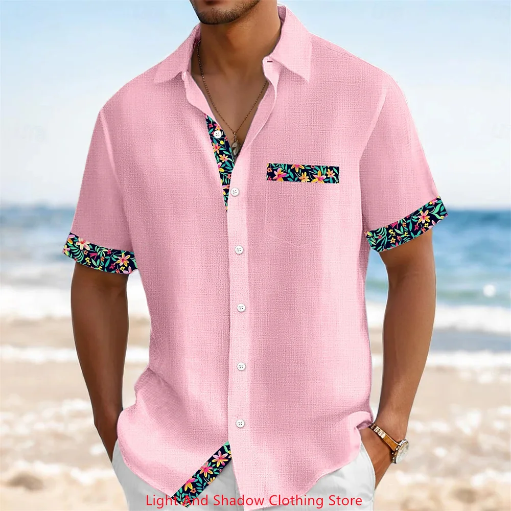 

Men's linen shirt Hawaii beach button up shirt solid color patchwork pocket print vacation breathable and comfortable men's top