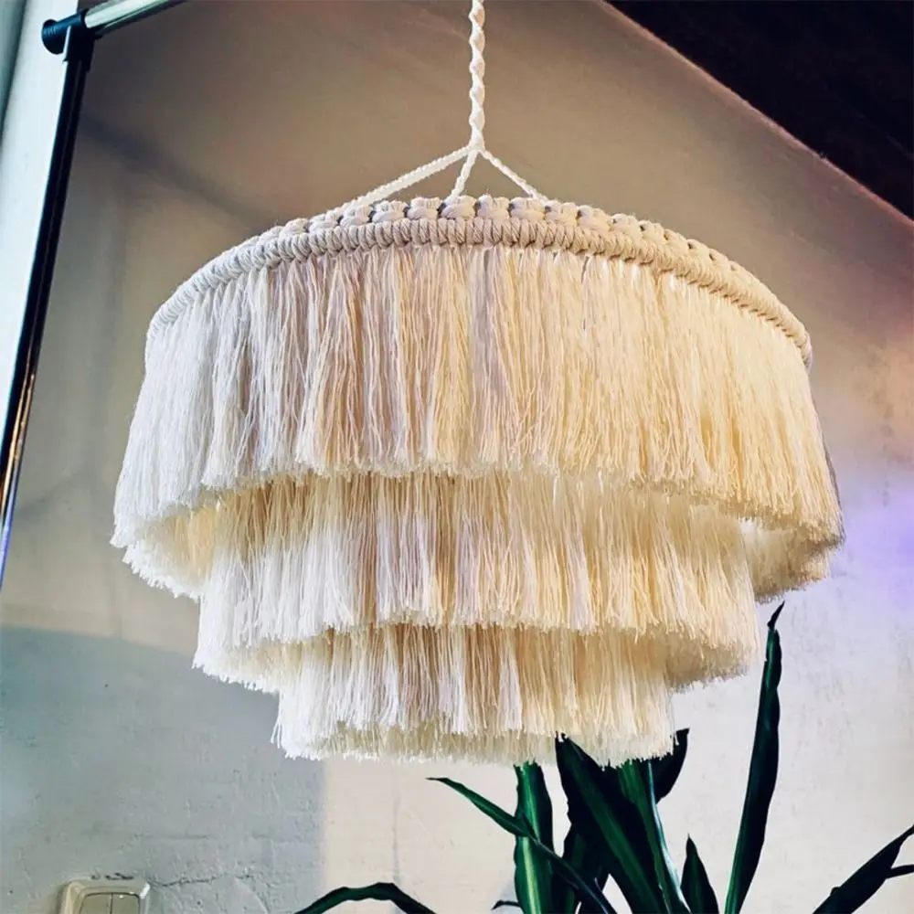 Handwoven Woven Tapestry Lampshade Exquisite Rustic Macrame Tassel Lamp Shade Vintage Creative Hanging Light Cover Living Room