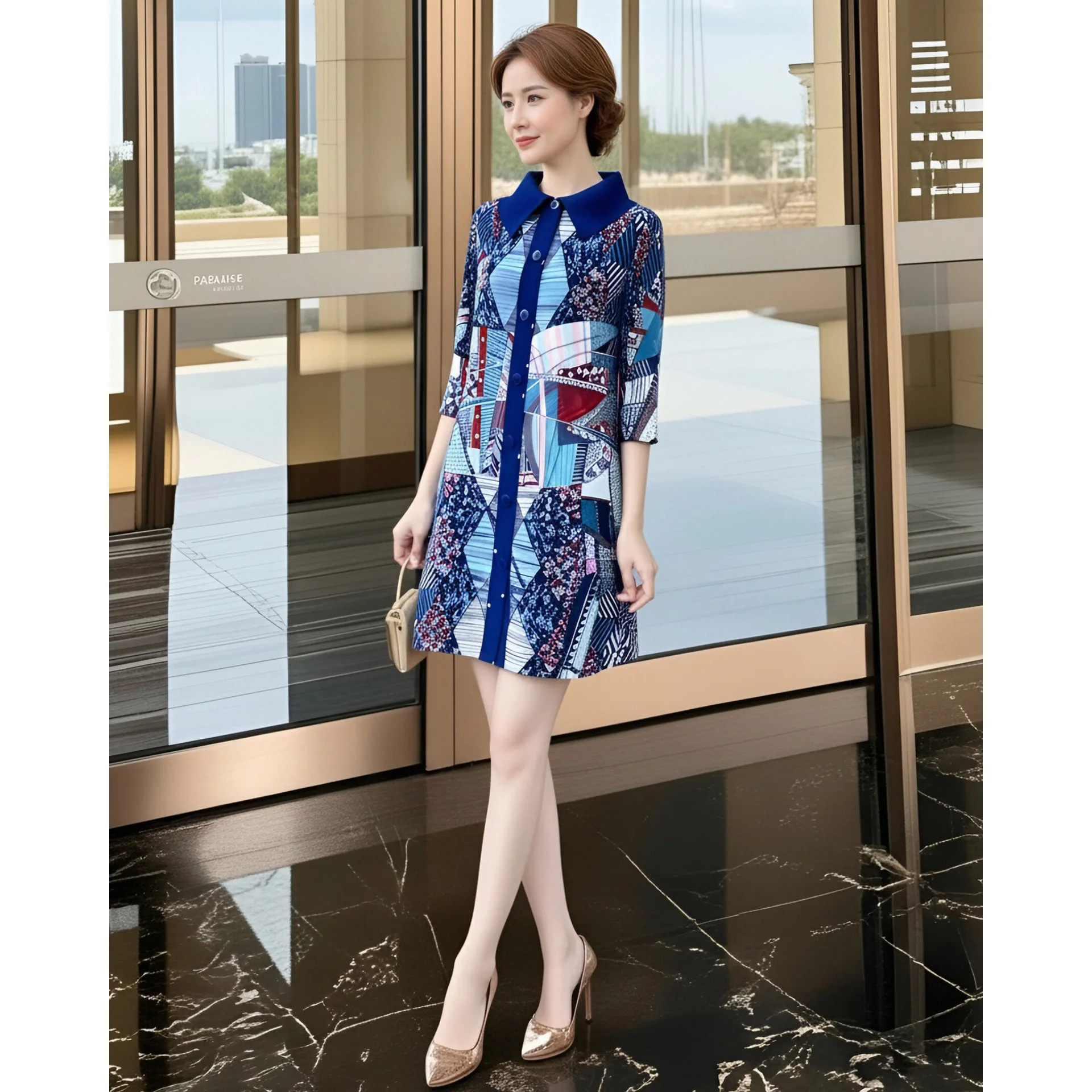 

Miyake Vintage Print Women Pleated Single Breasted Dress New Stand Theree Quarter Sleeve Fashion Tide Spring 2025