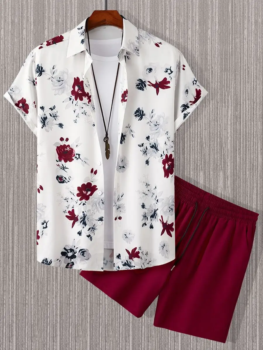 

Manfinity Homme Men Casual Floral Print Shirt & Drawstring Waist Shorts Without Tee, Going Out