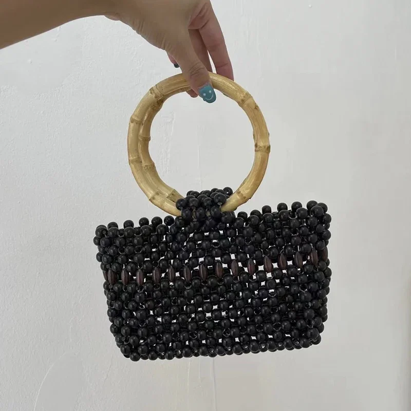 

Hollow Vacation Handbags for Women New Fengzhu Ring Vintage Sen Series Handwoven Beaded Wooden Bead Women's Bag Customization