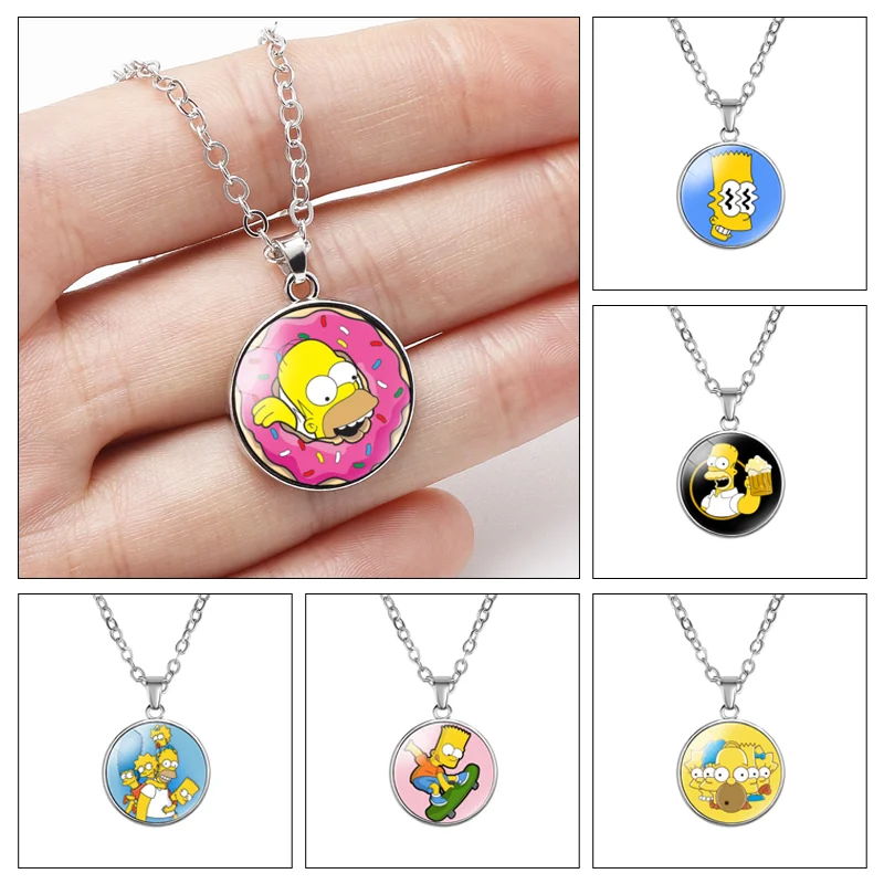 

The Simpsons Necklace Cartoon Glass Pendant Necklaces Fashion Women Clavicle Chain Jewelry Decoration Accessories Girls Gifts