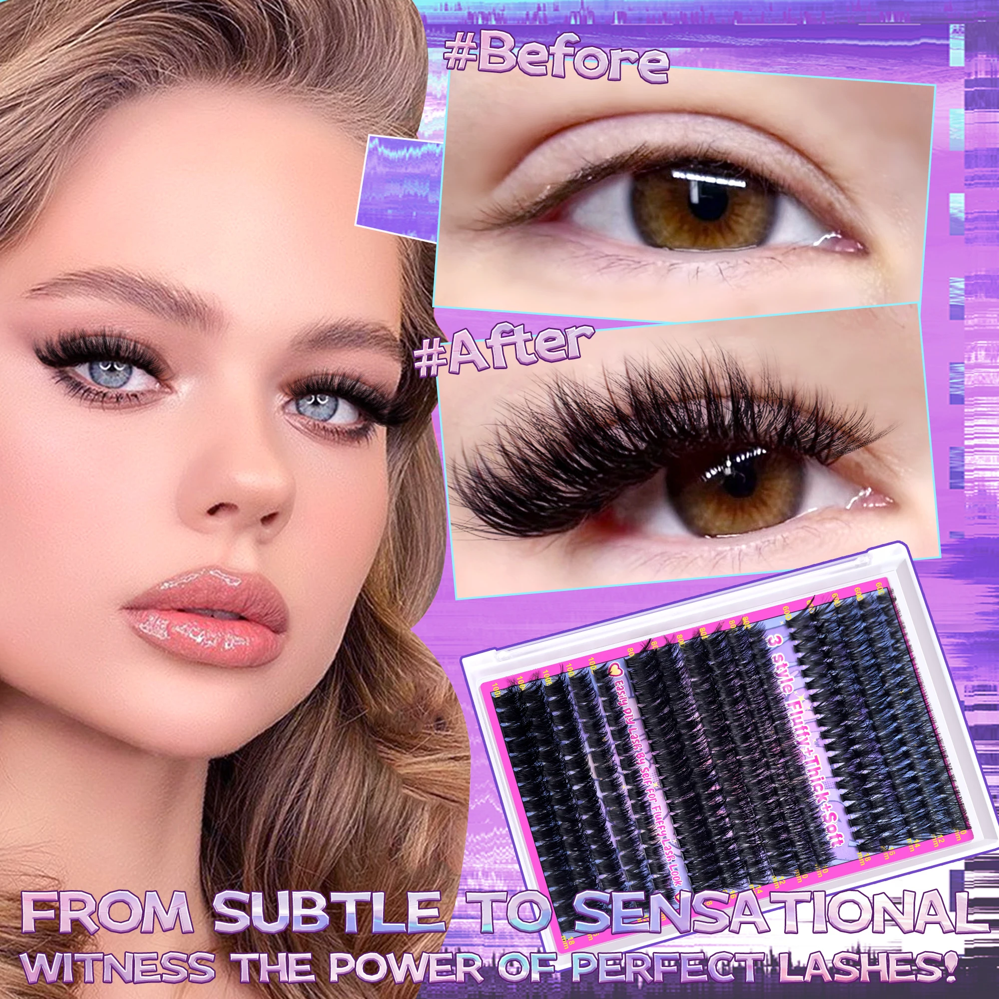 16-rzędowy zestaw do przedłużania rzęs DIY - tusz do rzęs i szczoteczka 2 w 1, pęseta do usuwania kleju/rzęs, naturalny puszysty gęsty, wielokrotnego użytku