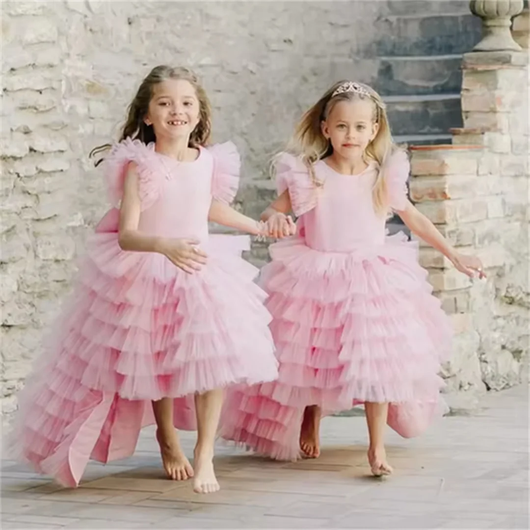 

Customized Light Pink Flower Girl Dress For Wedding Tulle Layered With Bow Cute Princess Formal Occasion Birthday Party Gown