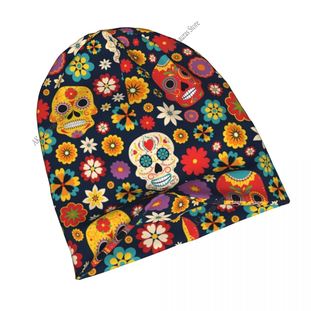 Sugar Skull Mexican Flower Autumn Female Warm Beanies Double Used Outdoor Bonnet Hats