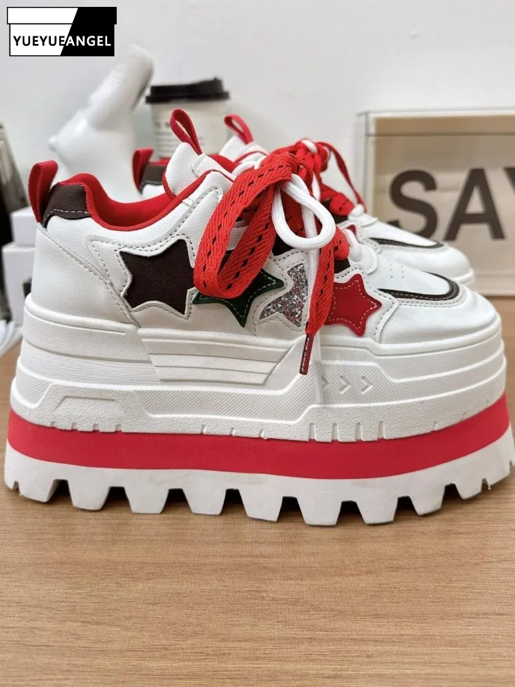 

Korean Ladies Solid Color Split Leather Round Toe Height-Increasing Footwear Streetwear Women Star Cross Tied Platform Pumps