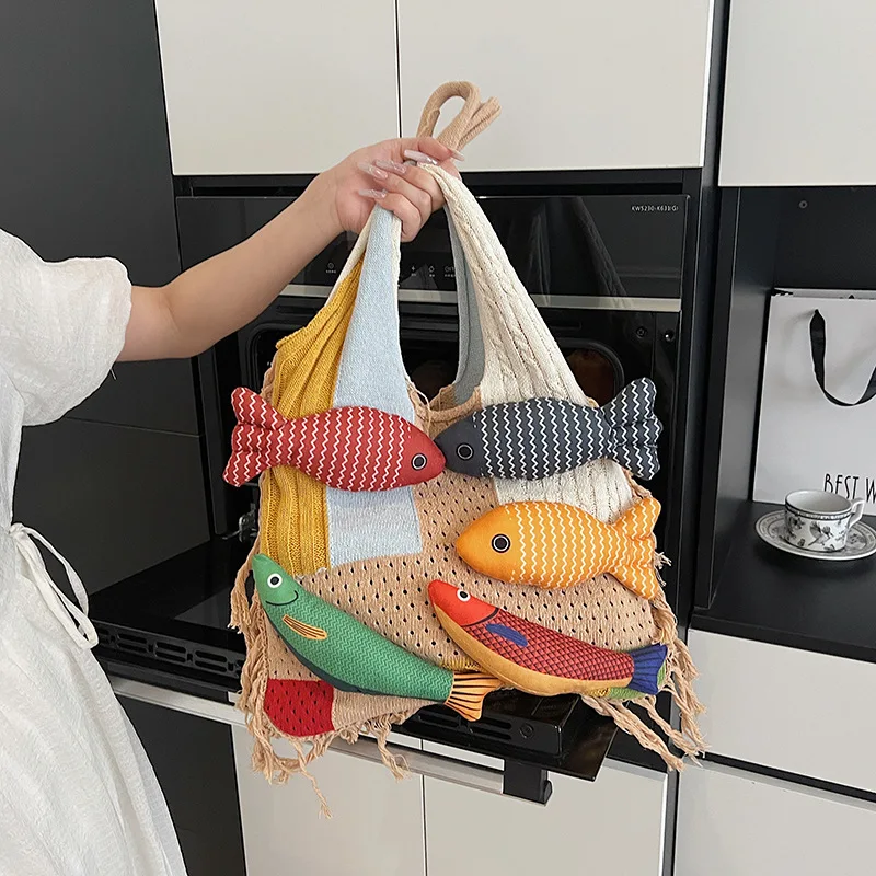 

2025 Summer Boho Knit Tote Bag Vintage Fringe Crossbody Purse Unique Color Block Shoulder Bag for Women Artistic Casual Backpack