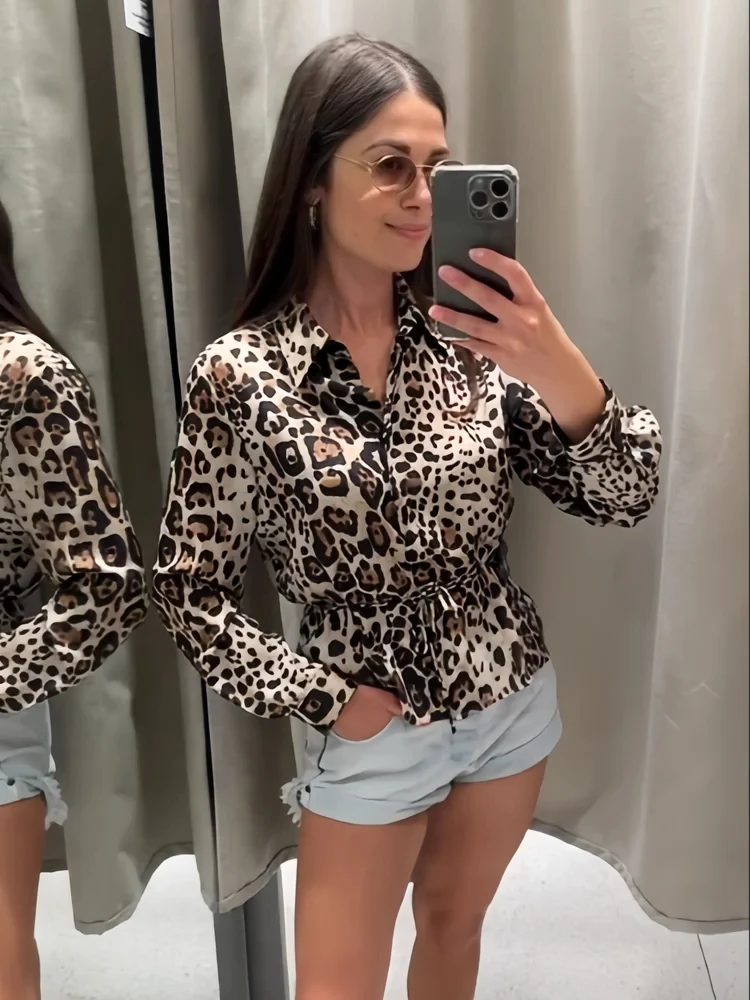 PB&ZA Women's 2024 Summer New Style Fashionable Elegant Versatile Lapel Long Sleeve Animal Print Shirt 2824/267