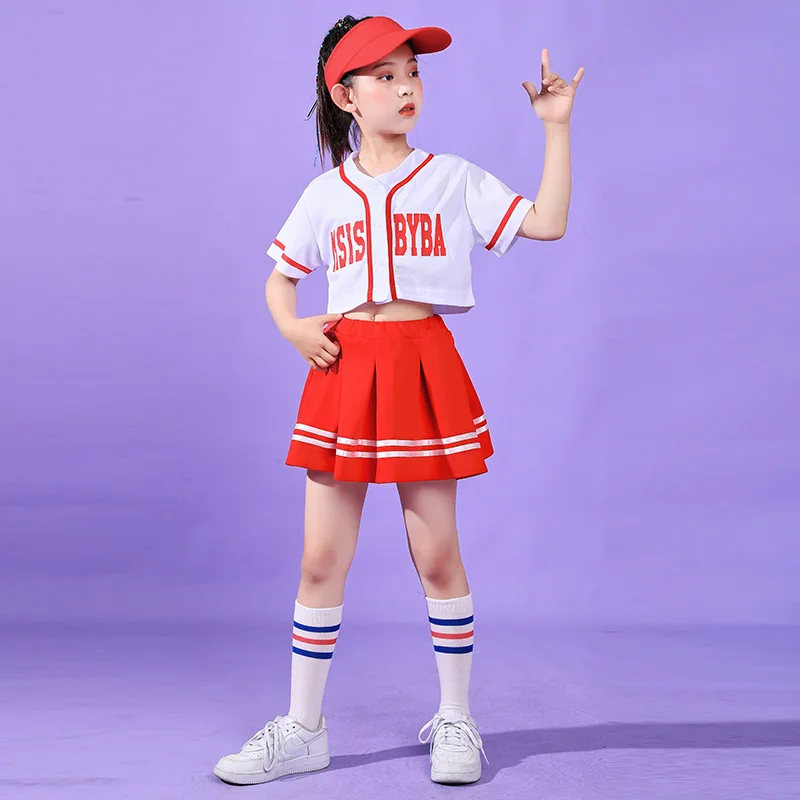 Kid Hip Hop Clothing White Crop Top Shirt Red Skirt Mini Sweat Pants for Girl Boy Jazz Dance Cheerleader Costume Clothes Set