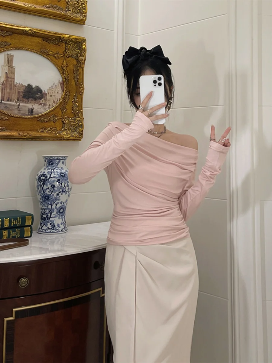 

Розовый топ на одно плечо с плиссировкой, приталенный, с эффектом утонченности, для осеннего образа, в стиле «Pure Desire»