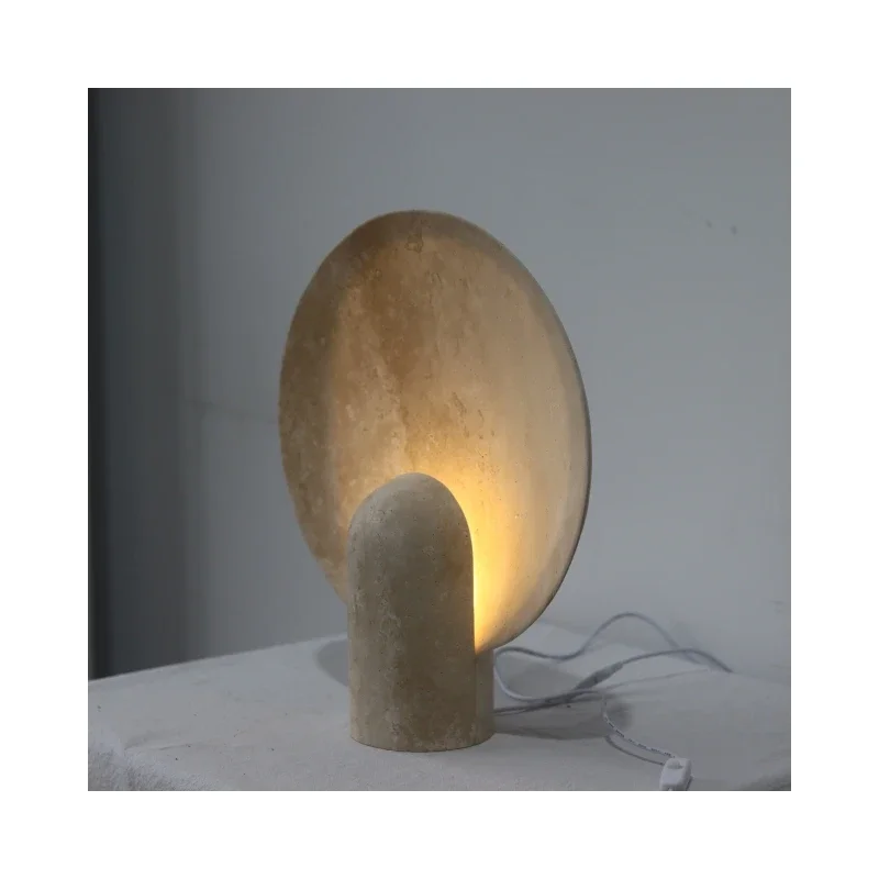 SHIHUI Home Decor Natural Stone Round Shape Beige Travertine Bedside Lamp Marble Villa Decoration Desk Table Lamp