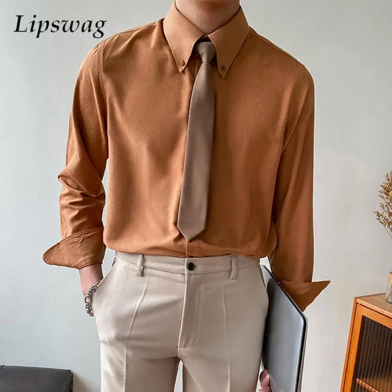 

Business Casual Mens Long Sleeve Shirts Spring Stylish Button-up Turn-down Collar Shirt Men Vintage Solid Color Slim Fit Shirts