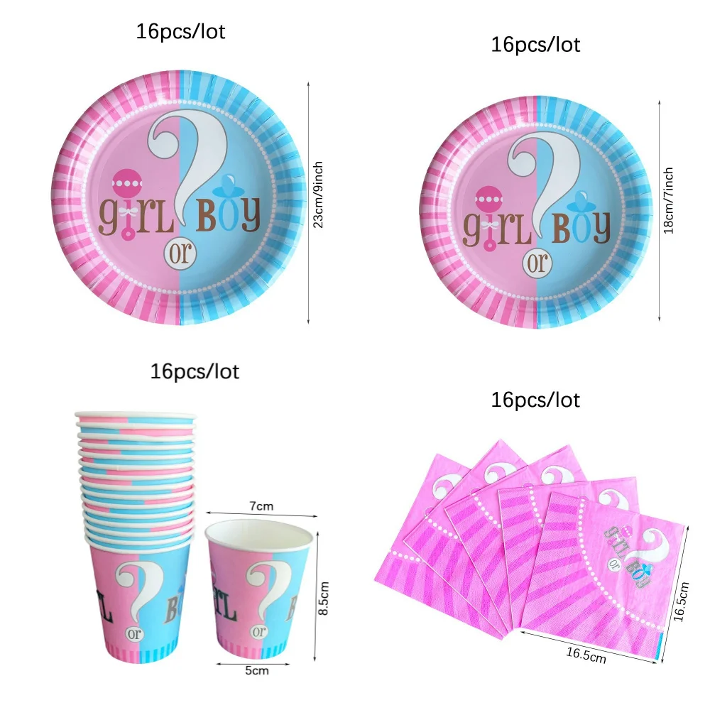 Geschlecht offenbaren Einweggeschirr-Set, Geburtstagsparty-Dekoration, Junge oder Mädchen, Babyparty, Pappteller, Tassen, Latexballons – Detail 1