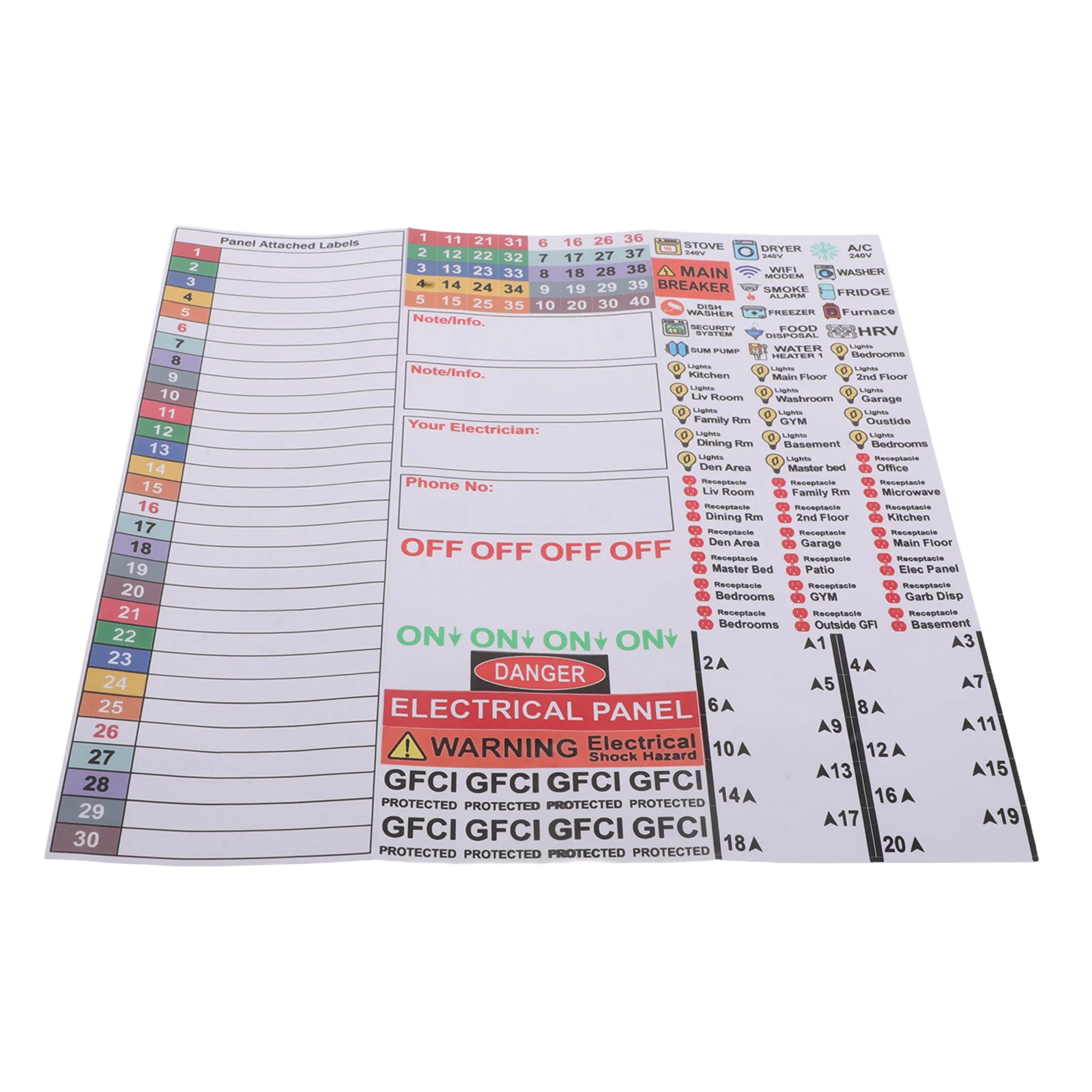 

Breaker Panel Labels Electrical Box Sticker Numbers Colorful PVC Waterproof Self-Adhesive Electrical Panel Label Sheet Load