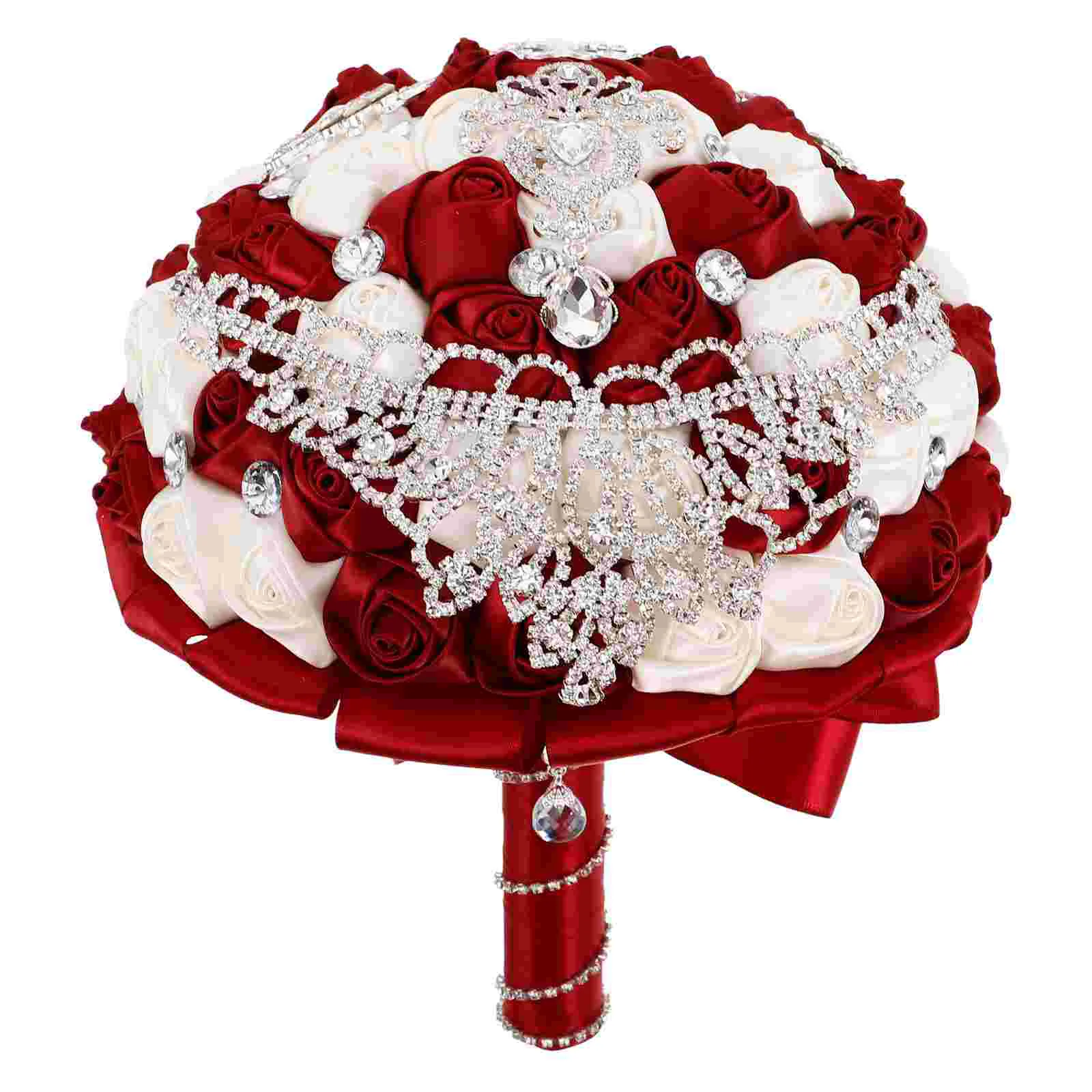 Rhinestone Bouquet Artificial Bridesmaid Bouquets Small Tossing Fauk Wedding Flower Bud for Cascading Foam Silk Rose