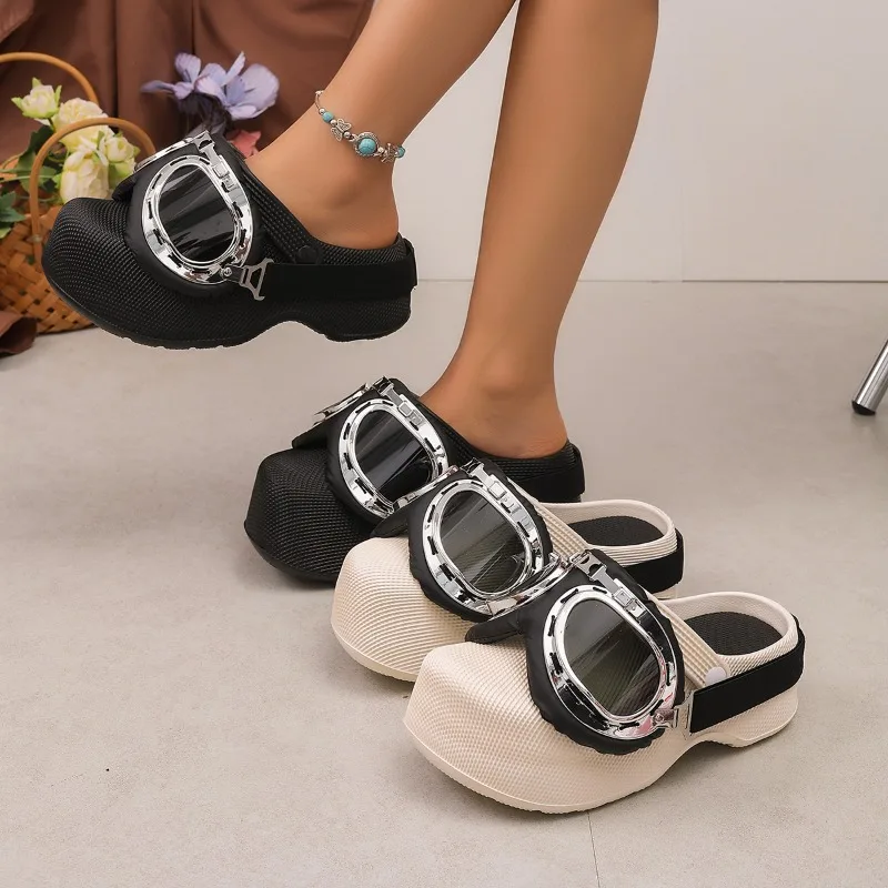 

2026 New Glasses Decor Closed Toe Thick Soled Women's Sandals Fashion Solid Color Round Toe Soft Soled Women Shoes Туфли Женские