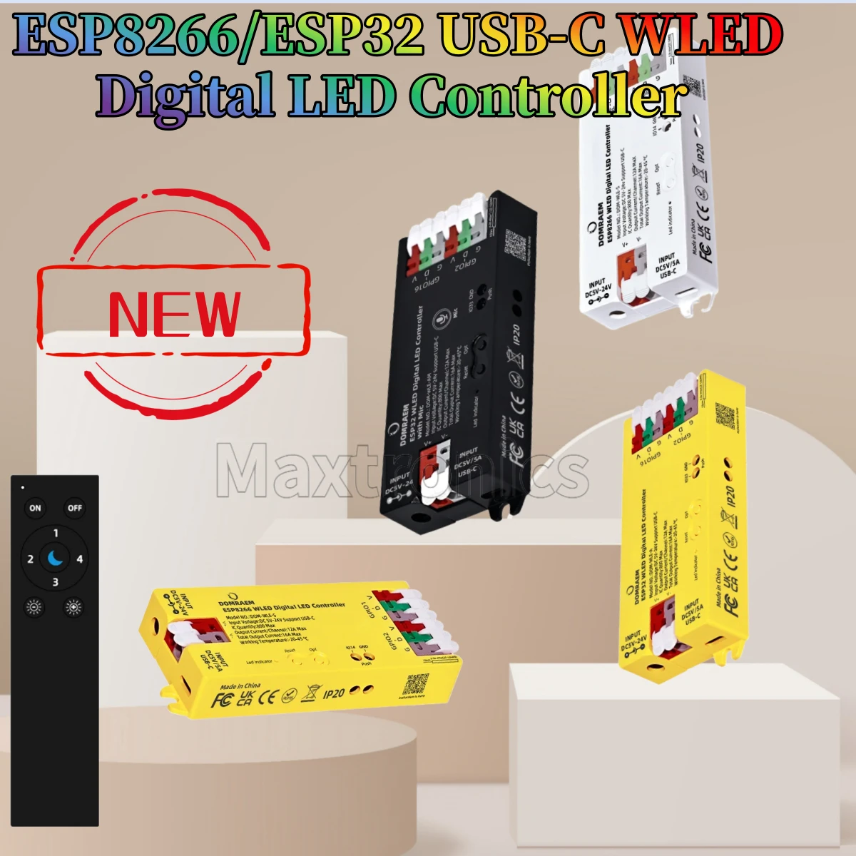 NEW ESP8266/ESP32 USB-C WLED Digital LED Controller  16A Fuse~0.5W standby Mic & UART WS2814/12B/05/APA102 RGB IC Strips