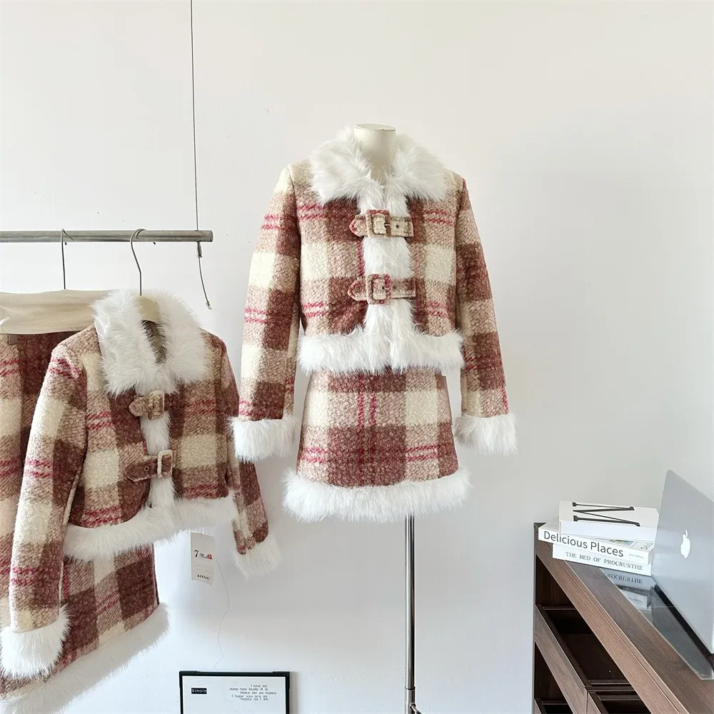 Women's Autumn Winter Fuzzy Cotton Padded Thick Plaid Two Pieces Skirt Suit Lady Sweet Faux Fur Collar Jacket + Fuzzy Skirt