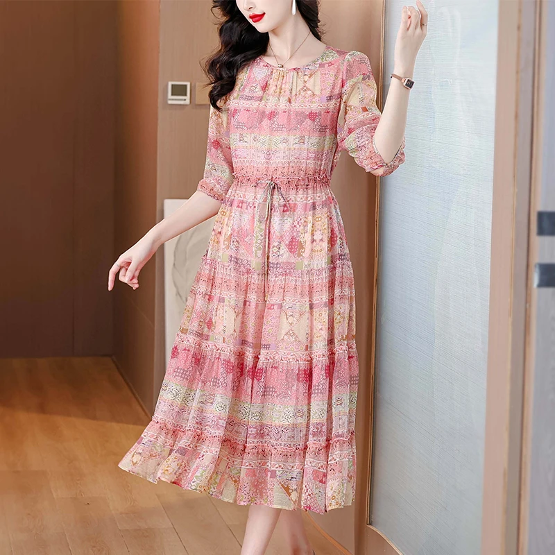 2025 Summer Print Silk Beach Midi Sundress Women Boho Fashion Casual Light Dress Spring Korean Elegant Luxury Festival Vestidos