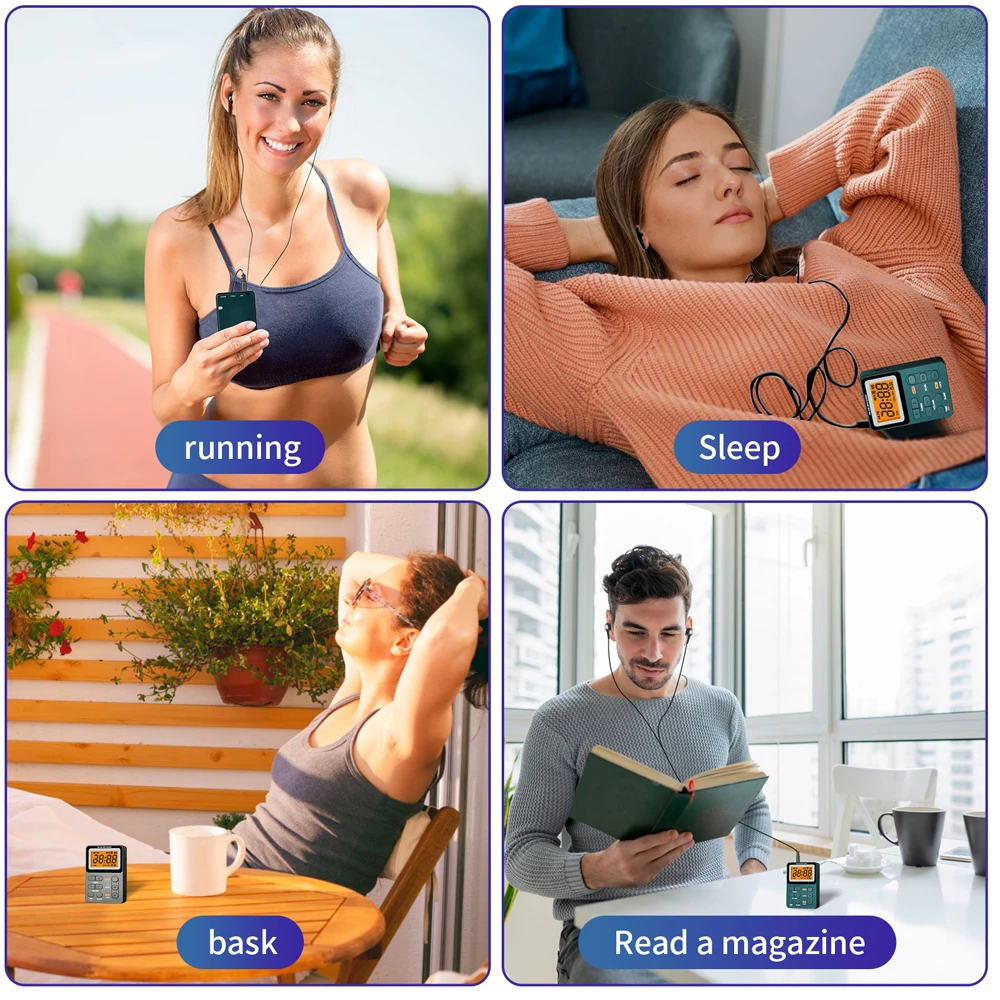 Radio de bolsillo multifuncional AM FM pantalla LED de 2,1 pulgadas Radio portátil de 2 bandas carga Micro USB conector de 3,5mm para deportes al aire libre