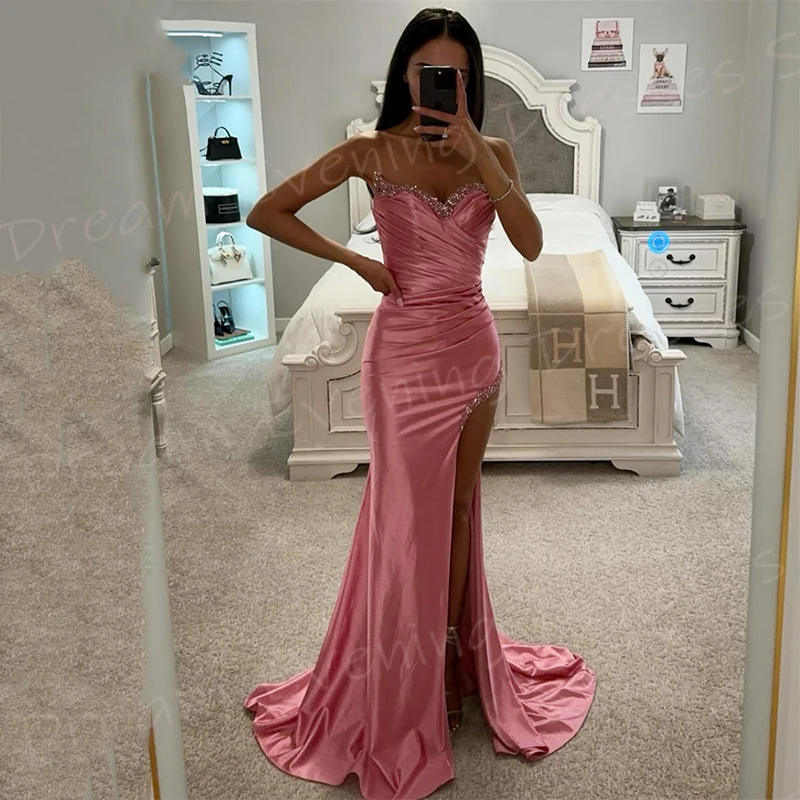 Gaun malam wanita warna Pink elegan putri duyung seksi klasik gaun Prom tanpa tali populer sisi belah tinggi Vestido De Noche