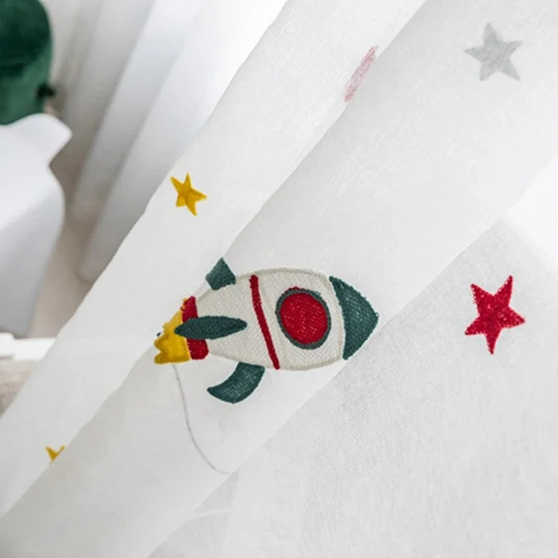 Cartoon Outer Space Rocket Embroidered Voile Curtain For Kids Bedroom Living Room Sheer Window Drapes Luxury Children Tulle 20D3