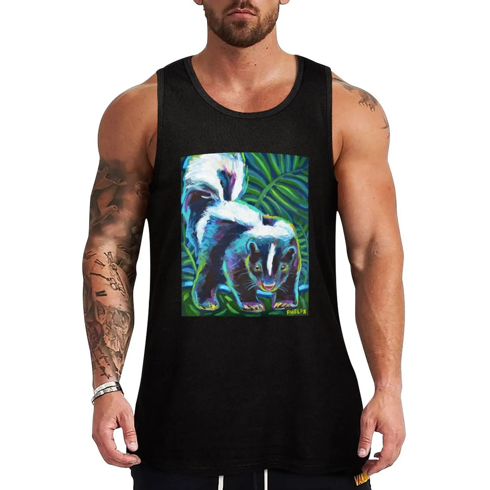 Colorful Skunk Art by Robert Phelps Tank Top sleeveless Men's t-shirts men gym clothing Men's gym articles