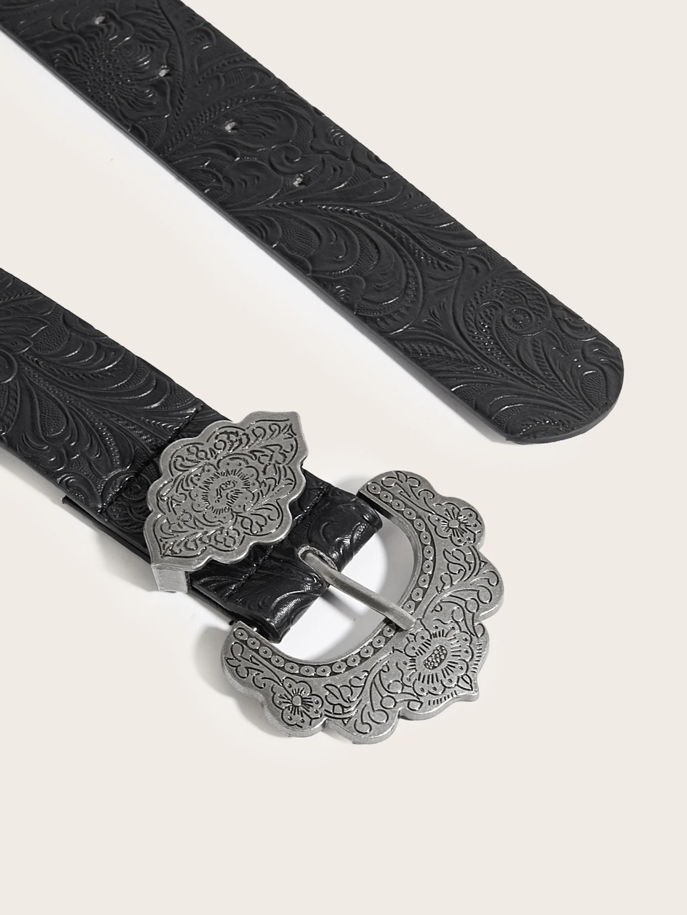 1pc Women Black Western Belt Vintage Cowgirl Style PU Leather Embossed Waist Belt With Silver Buckle For Jeans Dress