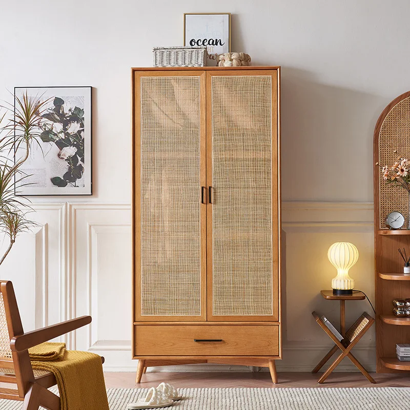 Weaving solid wood wardrobe wabi wind bedroom home retro double door with pumping partition storage cabinet