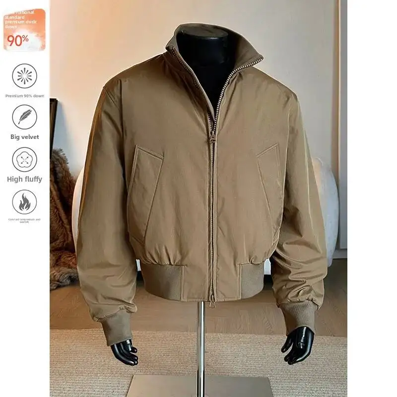 Jaket Penerbangan Gaya Amerika Pria, Mantel Bulu Angsa Putih, Desain Pendek, Hangat untuk Musim Dingin, Tidak Tebal, Pakaian Luar untuk Berbagai Situasi